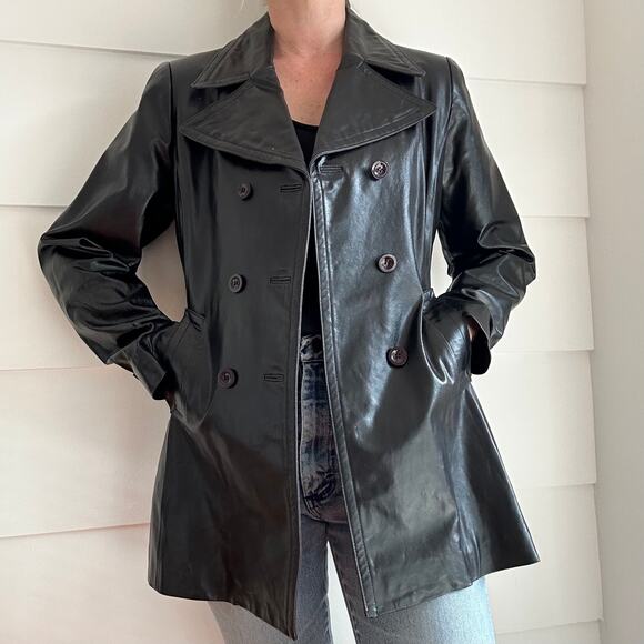 Vintage Black Leather Double Breasted Coat by bebe Size L - Picture 14 of 16